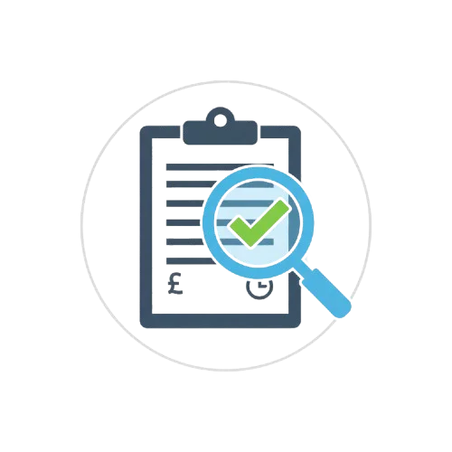 icon showing a document with magnifying glass and check mark