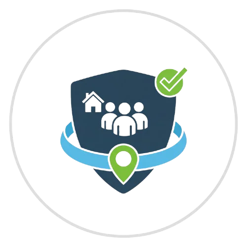 Icon showing a shield with people illustration and check mark
